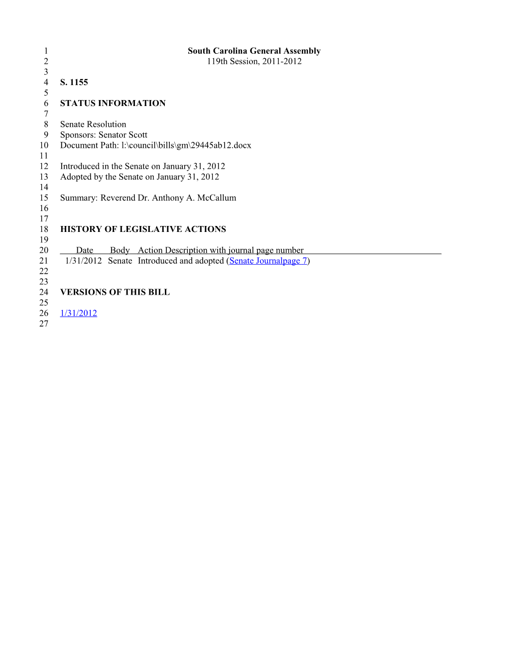 2011-2012 Bill 1155: Reverend Dr. Anthony A. Mccallum - South Carolina Legislature Online