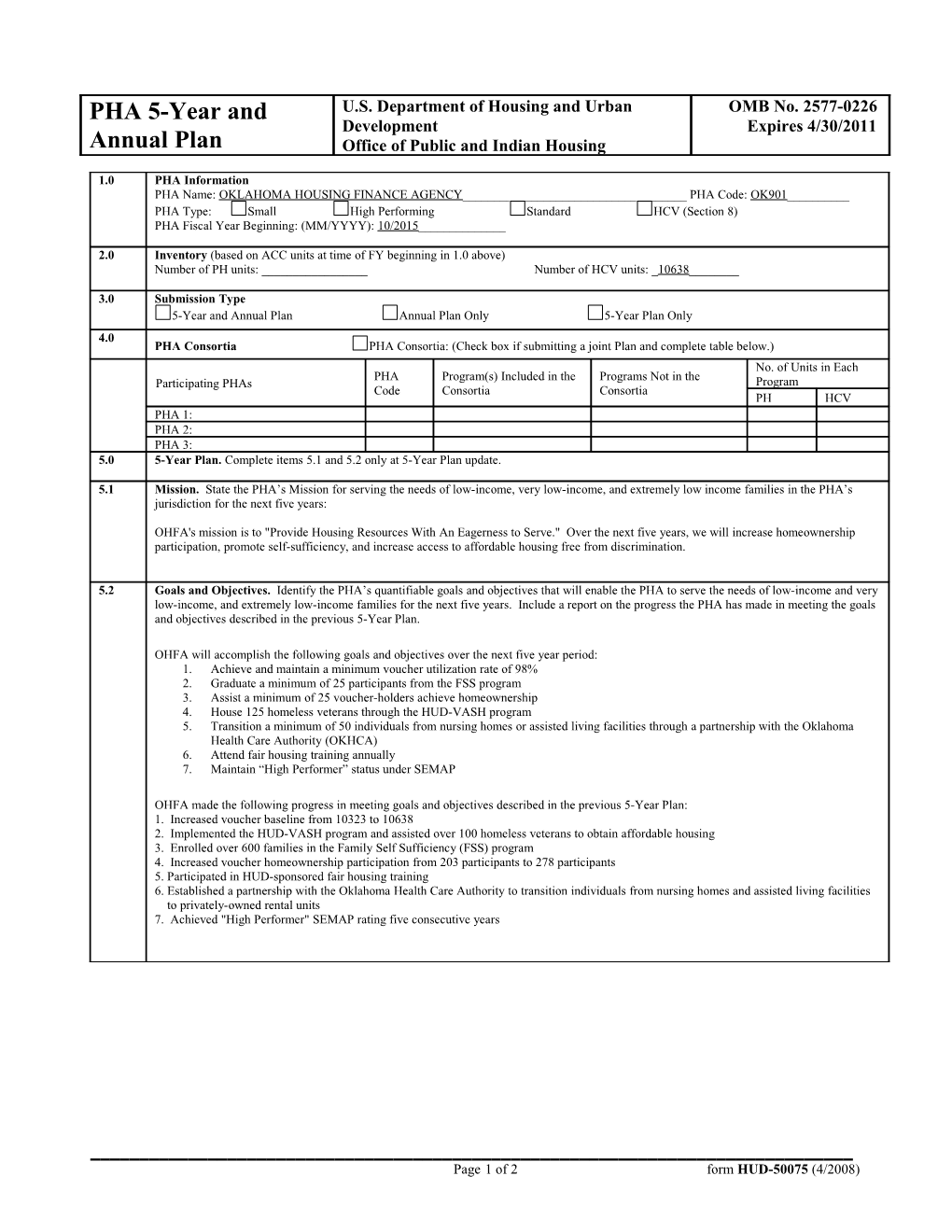 Page 1Of 2 Form HUD-50075 (4/2008)