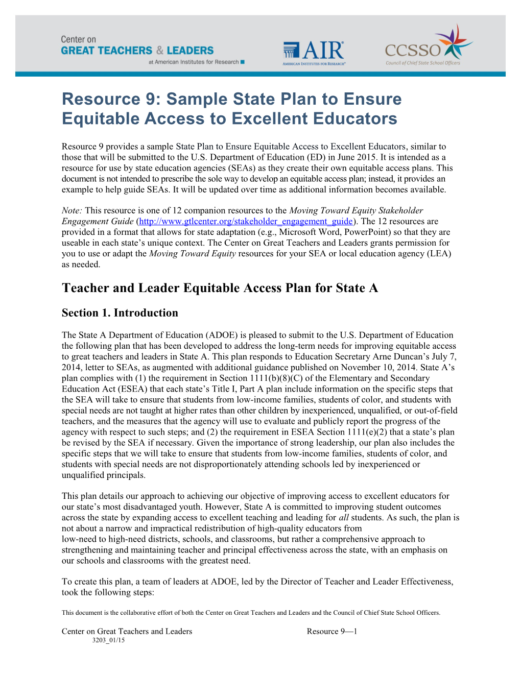 Resource 9: Sample State Plan to Ensure Equitable Access to Excellent Educators