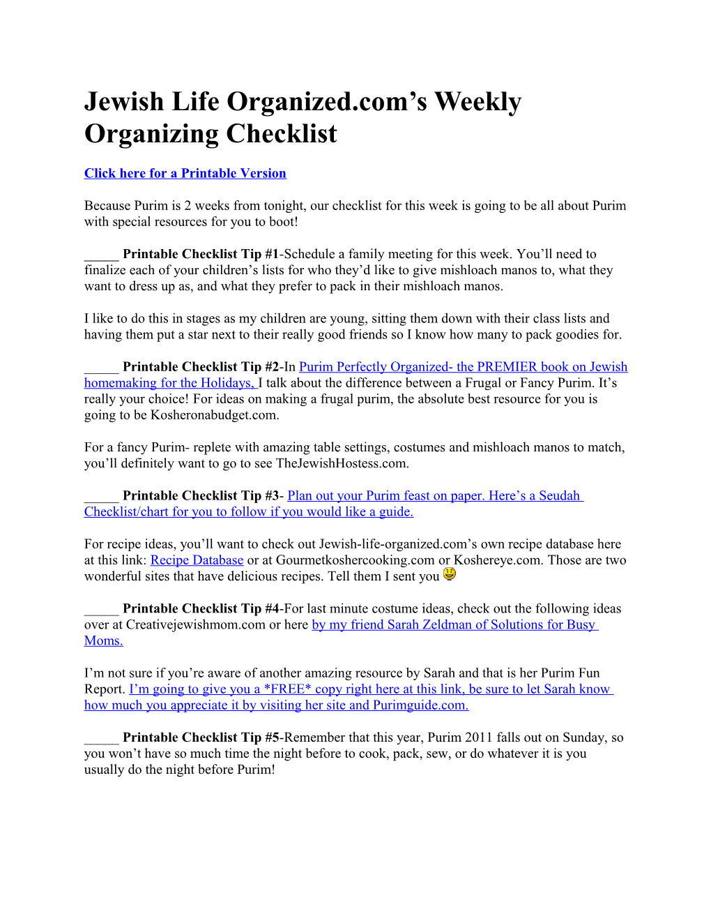 Jewish Life Organized.Com S Weekly Organizing Checklist