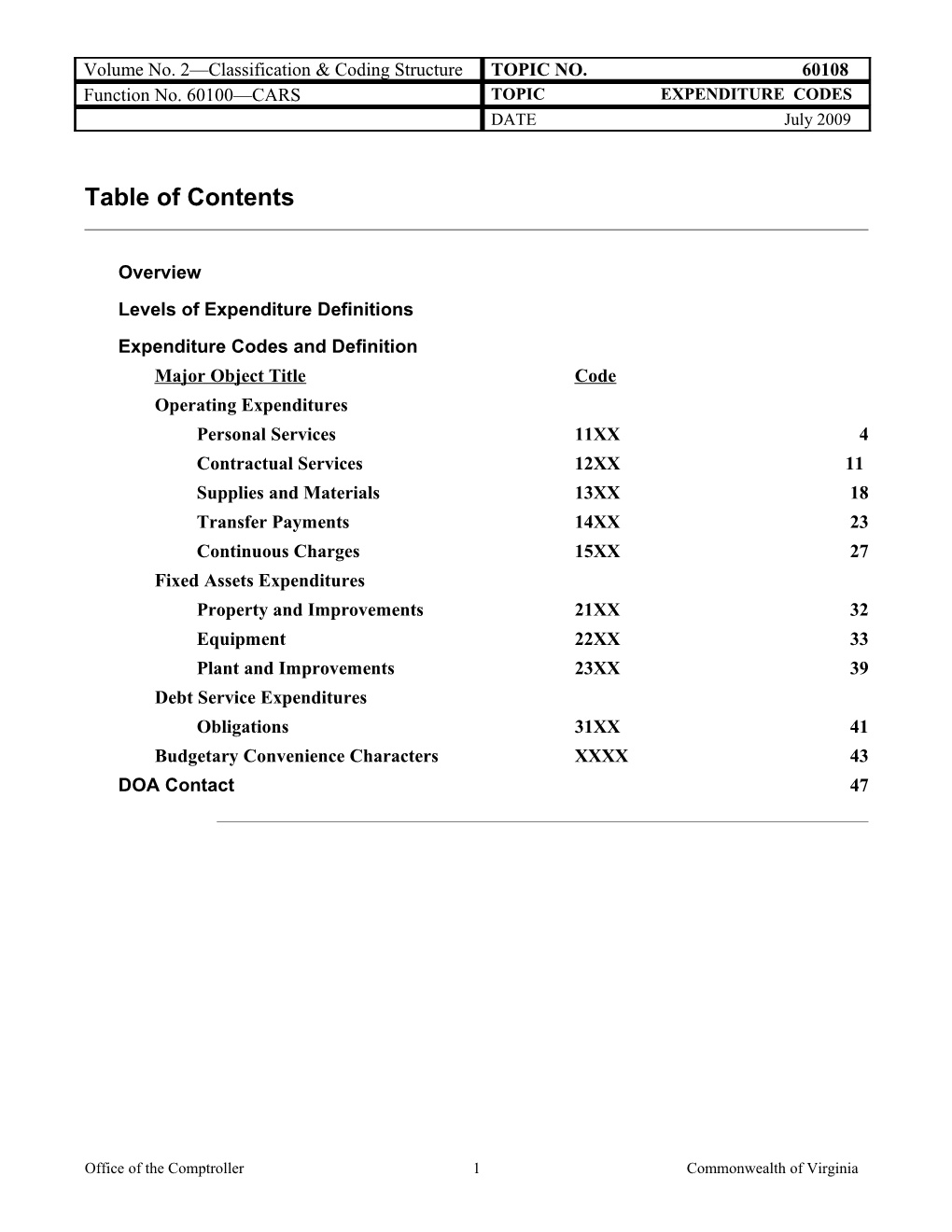 CAPP Manual - 60108 - CARS, Expenditure Codes