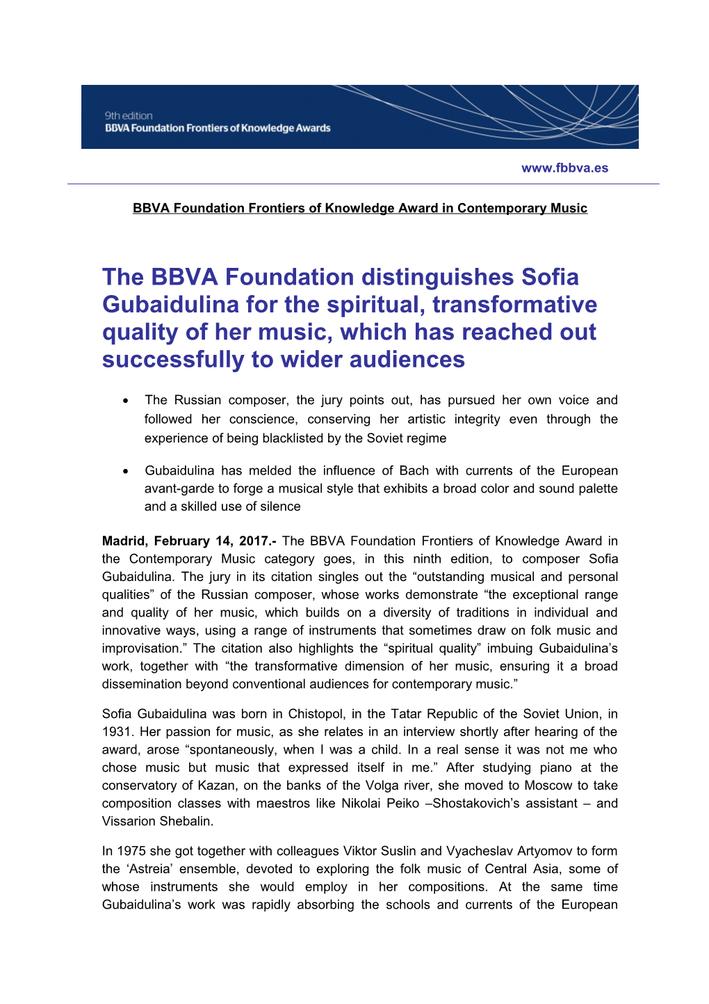 BBVA Foundation Frontiers of Knowledge Award in Contemporary Music