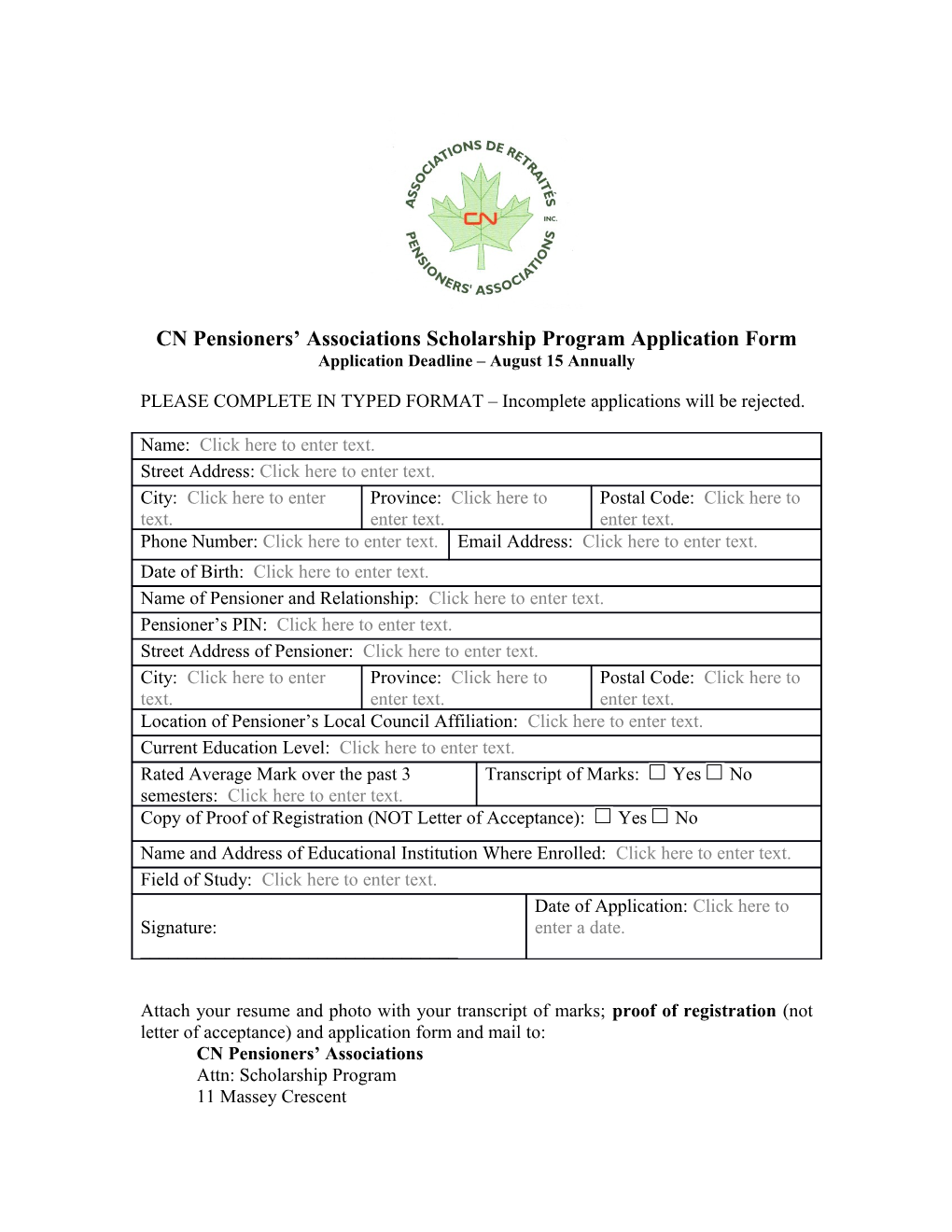 CN Pensioners Associations Scholarship Program Application Form