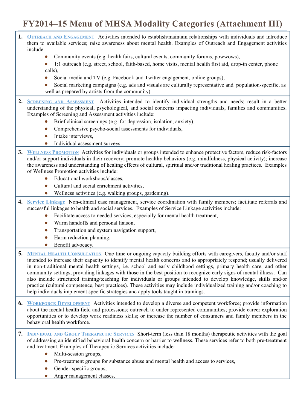 FY2014 15 Menu of MHSA Modality Categories (Attachment III)