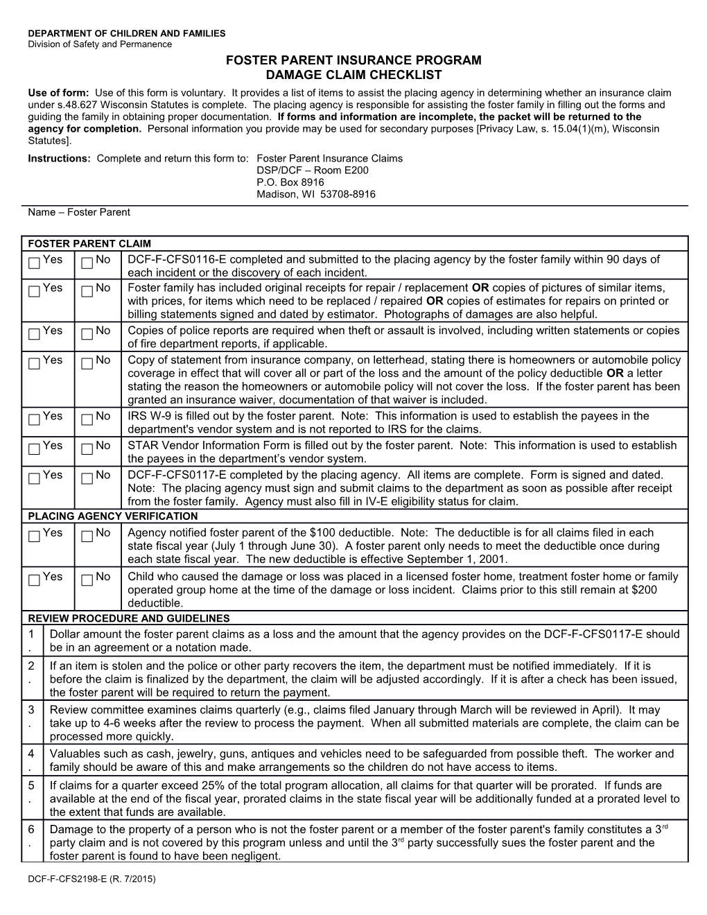 Foster Parent Insurance Program Damage Claim Checklist, CFS-2198