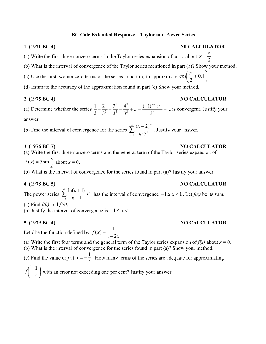 BC Calc Extended Response Taylor and Power Series