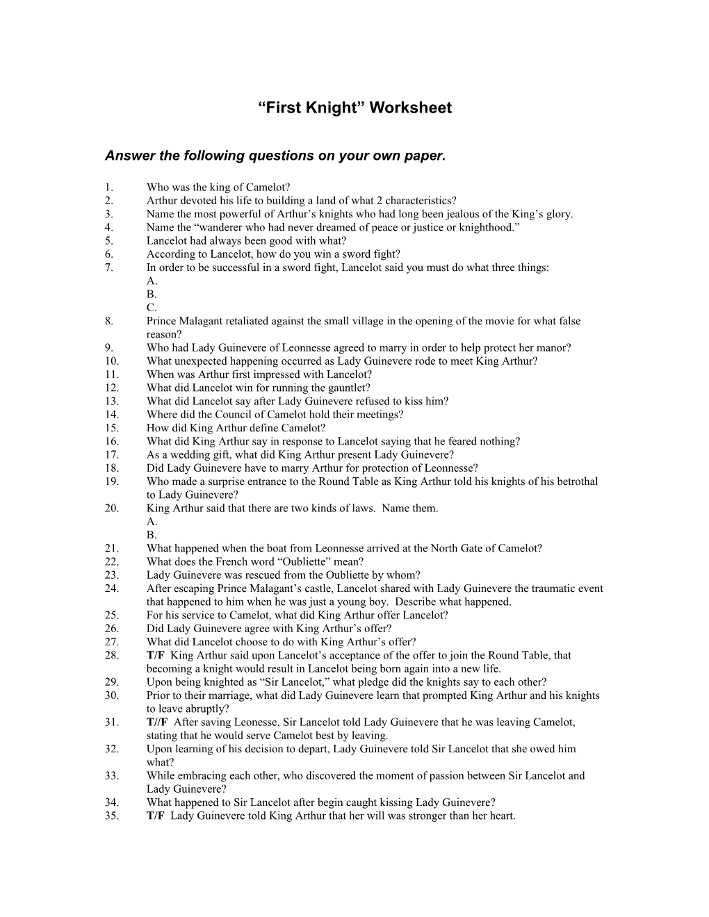 First Knight Worksheet