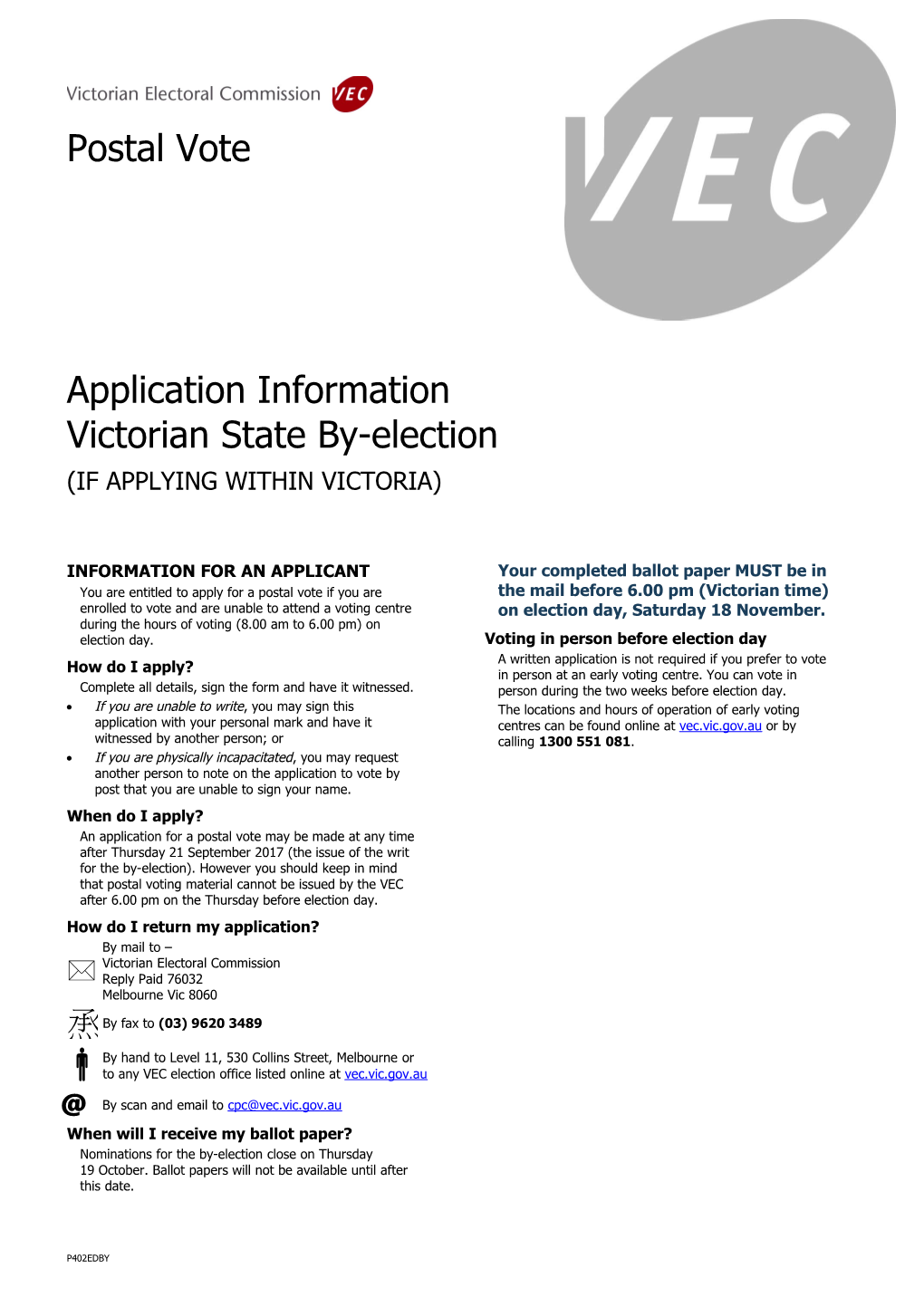 Postal Vote Application Information Victorian State By-Election