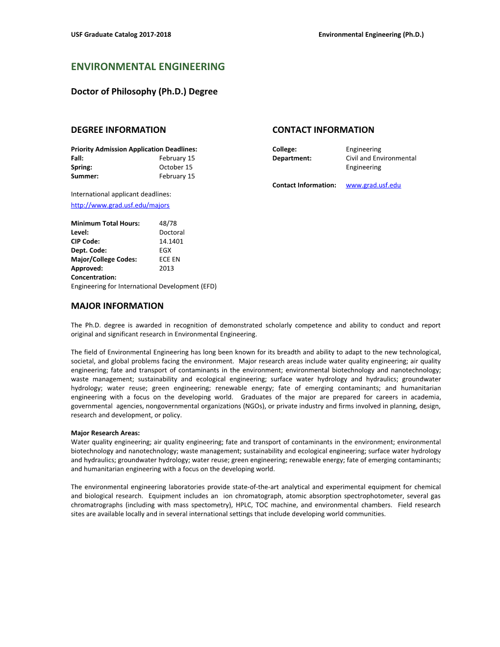 USF Graduate Catalog 2017-2018Environmental Engineering (Ph.D.)