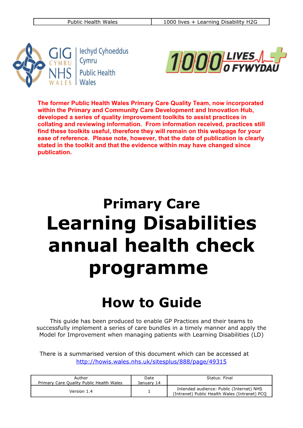 Learning Disabilities Annual Health Check Programme