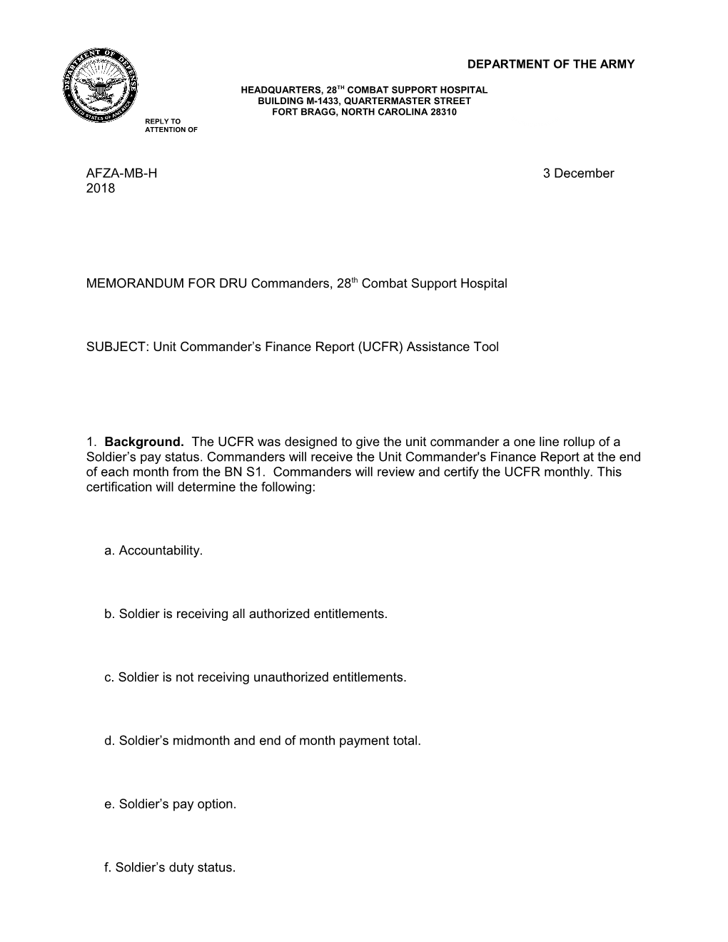 SUBJECT: Unit Commander S Finance Report (UCFR) Assistance Tool