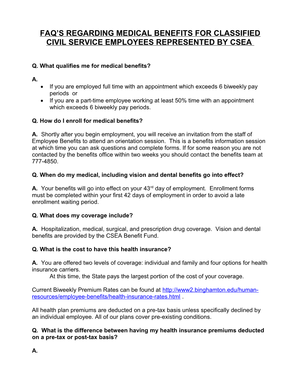 Faq S Regarding Medical Benefits for Classified Civil Service Employees Represented Bycsea