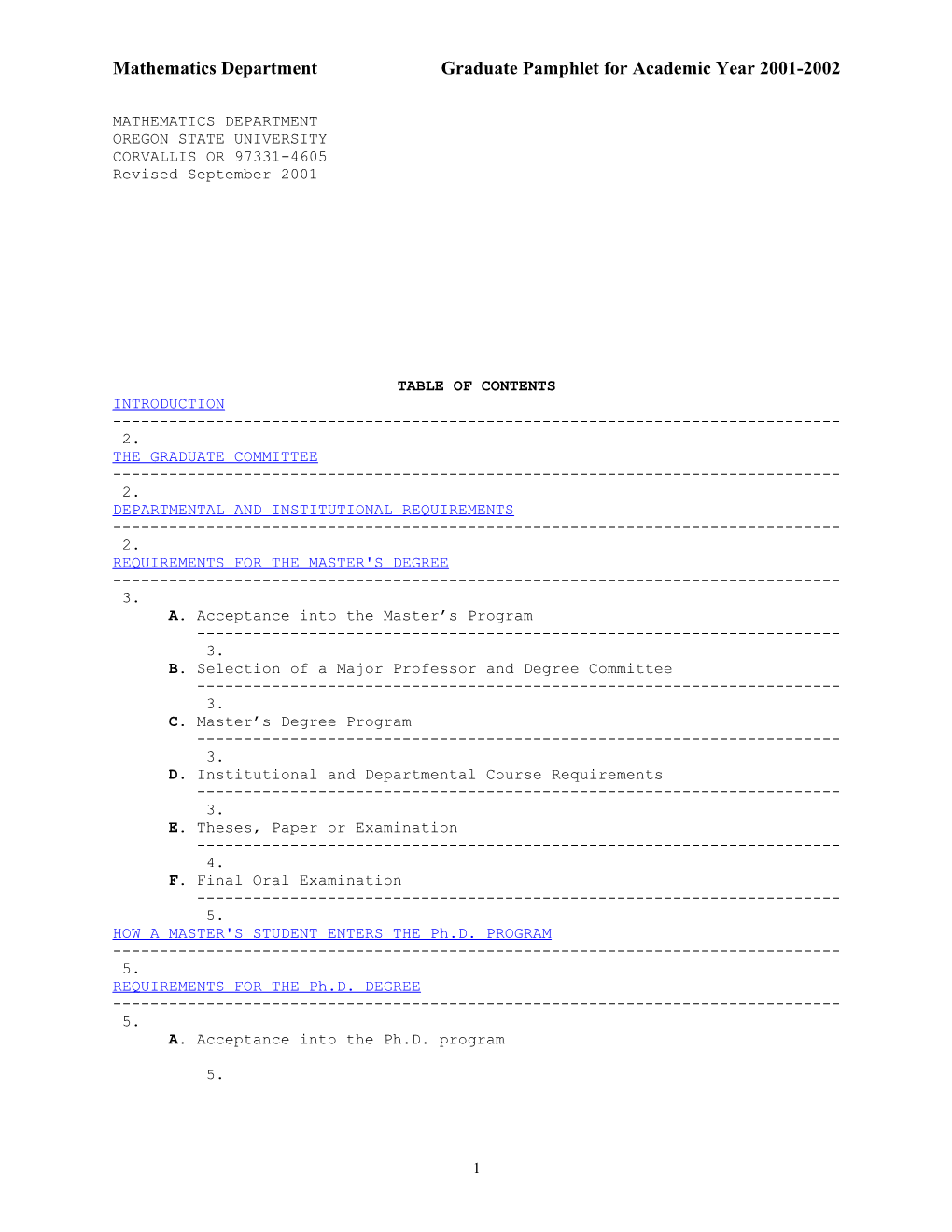 Mathematics Departmentgraduate Pamphlet for Academic Year 2001-2002