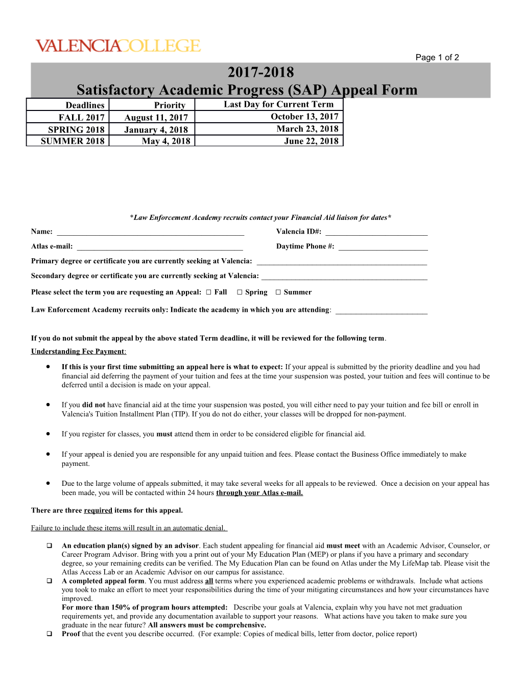 Satisfactory Academic Progress (SAP) Appeal Form