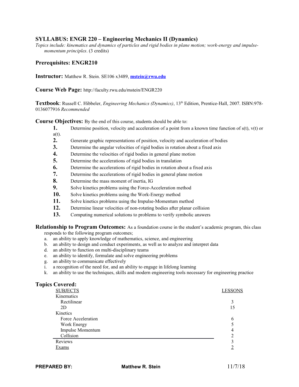 SYLLABUS: ENGR 220 Engineering Mechanics II (Dynamics)