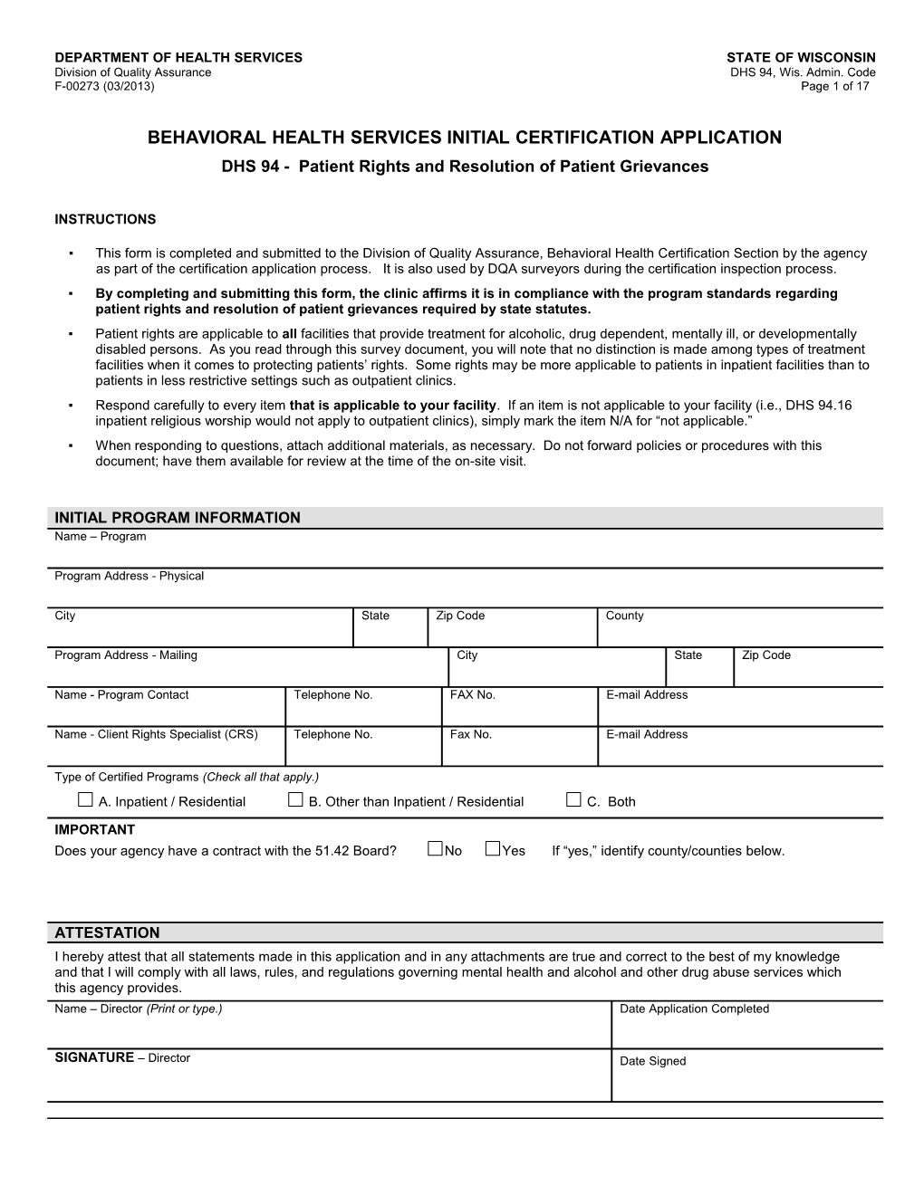 Behavioral Health Services Initial Certification Appl - DHS 94, F-00273