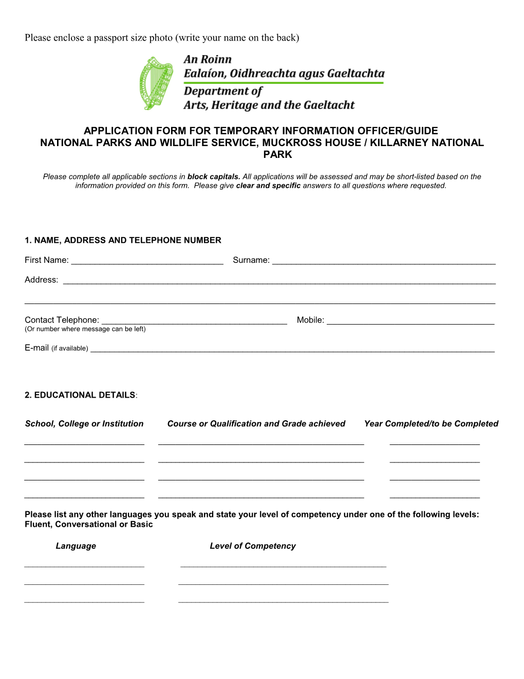 Application Form for Temporary Information Officer/Guide