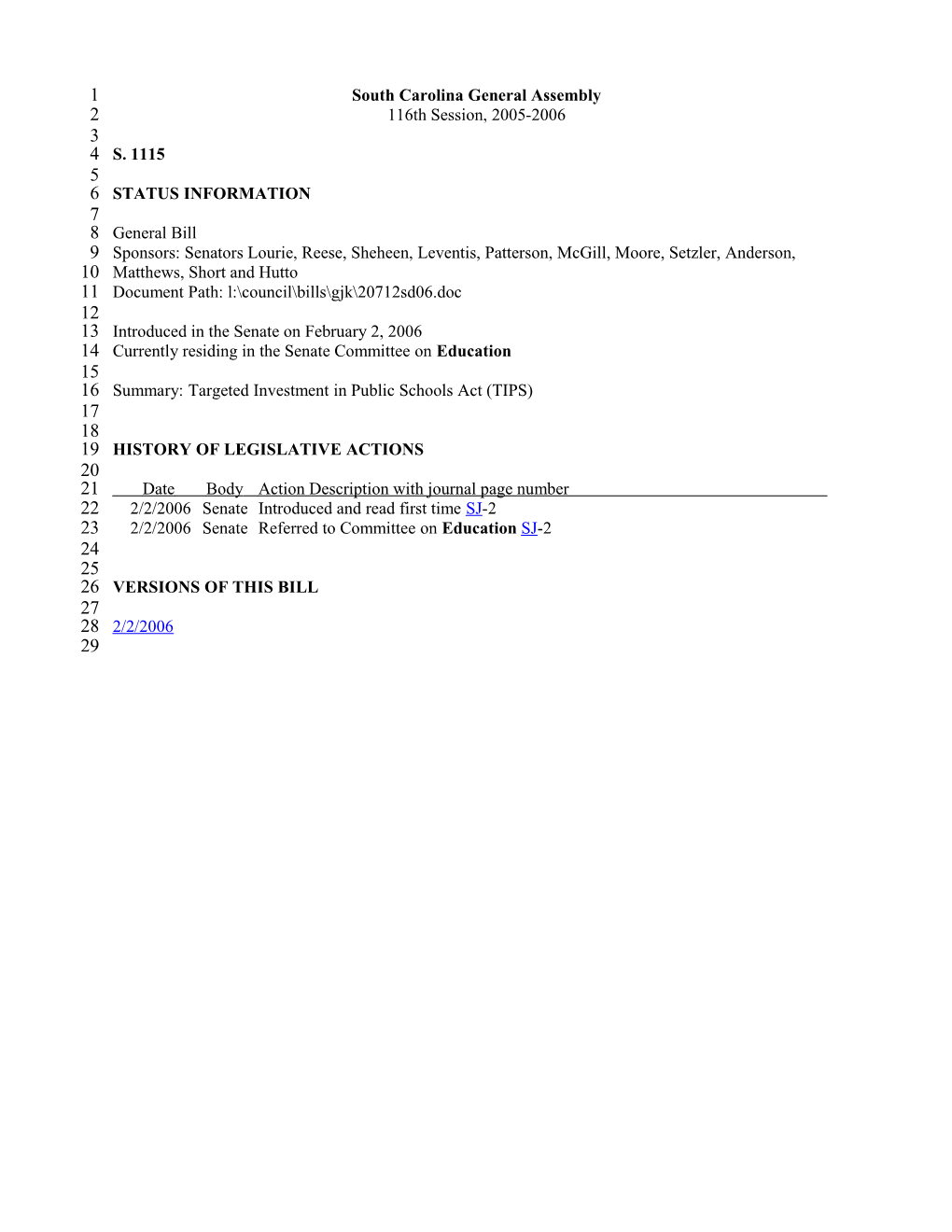 2005-2006 Bill 1115: Targeted Investment in Public Schools Act (TIPS) - South Carolina