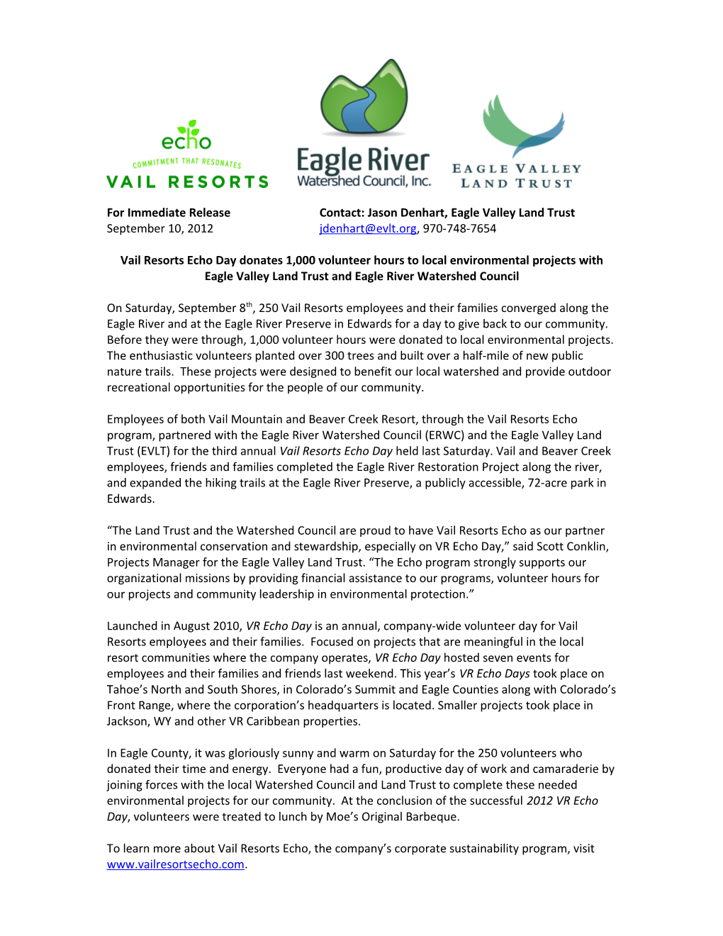 Vail Resorts Echo to Partner with Eagle River Watershed Council for October S VR Echo Day