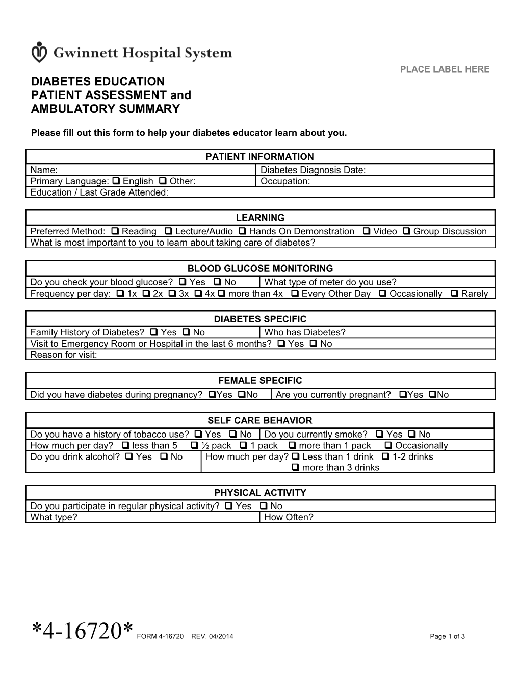 Diabetes Education Patient Assessment and Ambulatory Summary