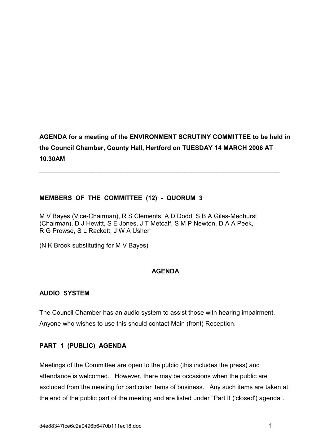 AGENDA for a Meeting of the ENVIRONMENT SCRUTINY COMMITTEE to Be Held In