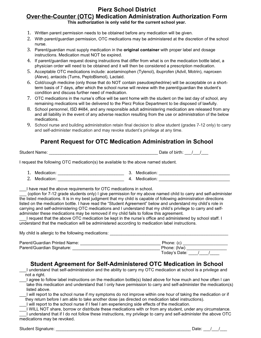 Over-The-Counter (OTC) Medication Administration Authorization Form