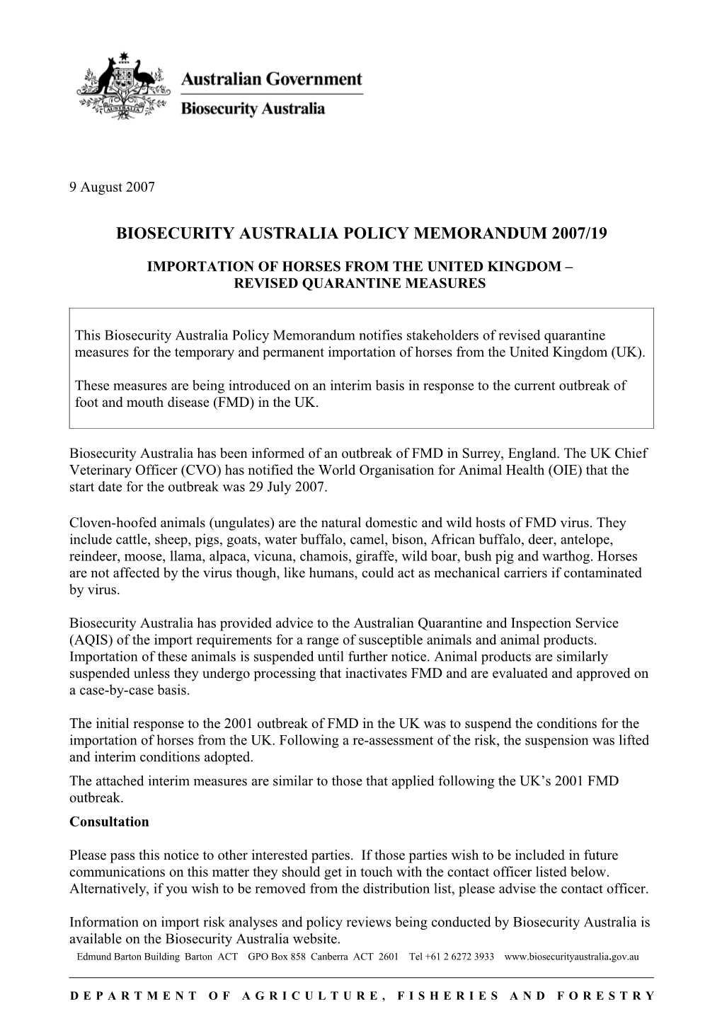 Biosecurity Australia Policy Memorandum 2007/19