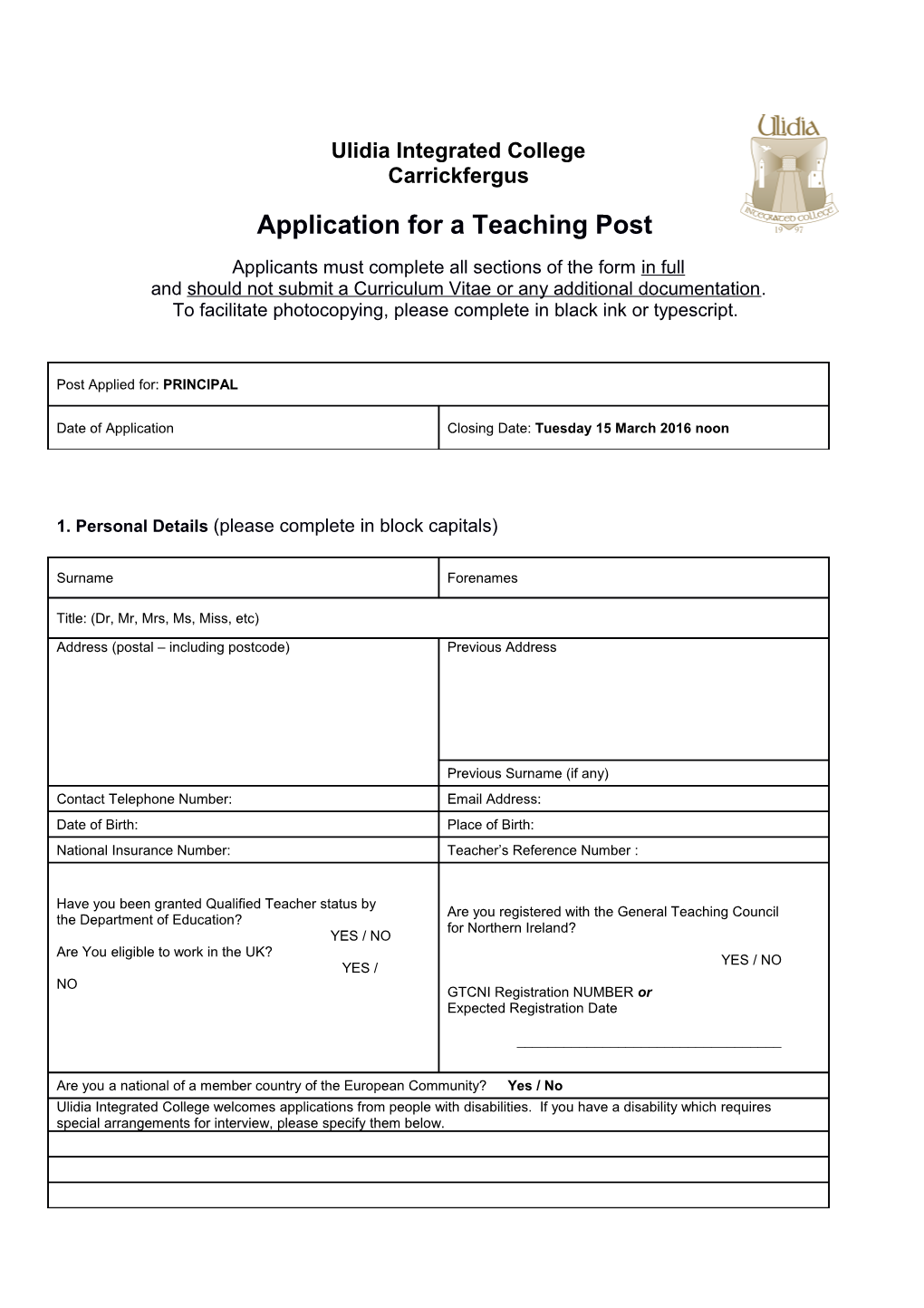 Application for a Teaching Post - THR 24