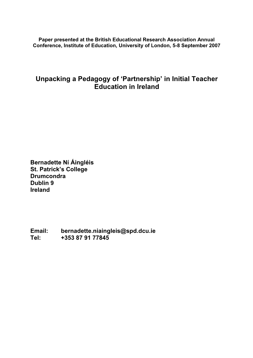 Unpacking a Pedagogy of Partnership in Initial Teacher Education in Southern Ireland