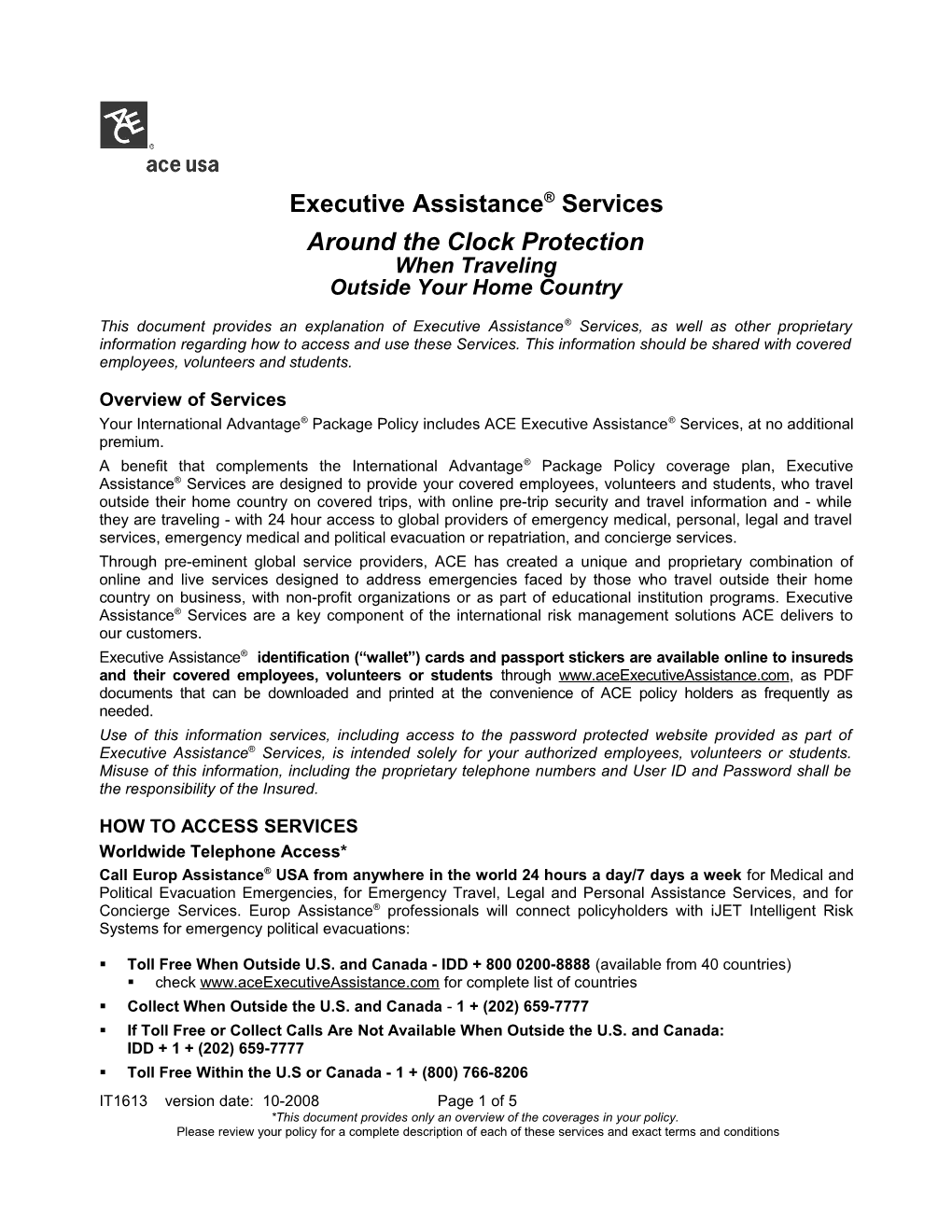 Executive Assistance Services Around the Clock Protection IT1613 Version 10 2008