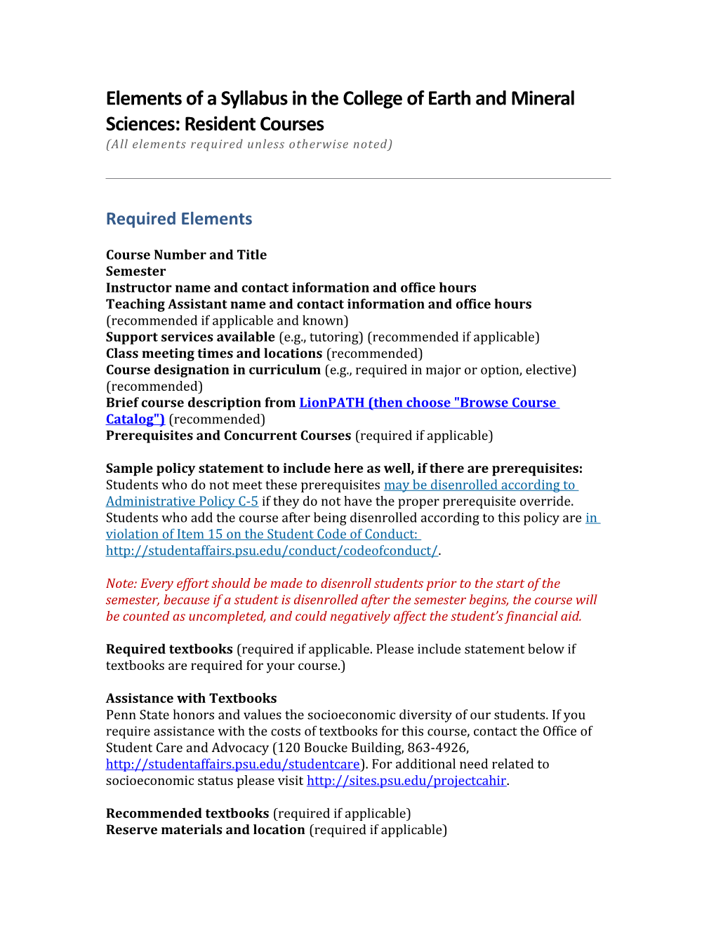 Elements of a Syllabus in the College of Earth and Mineral Sciences: Resident Courses