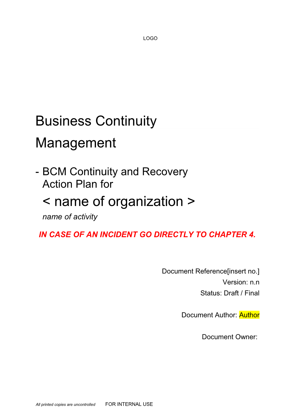 BCMS Insert No. Business Continuity Management