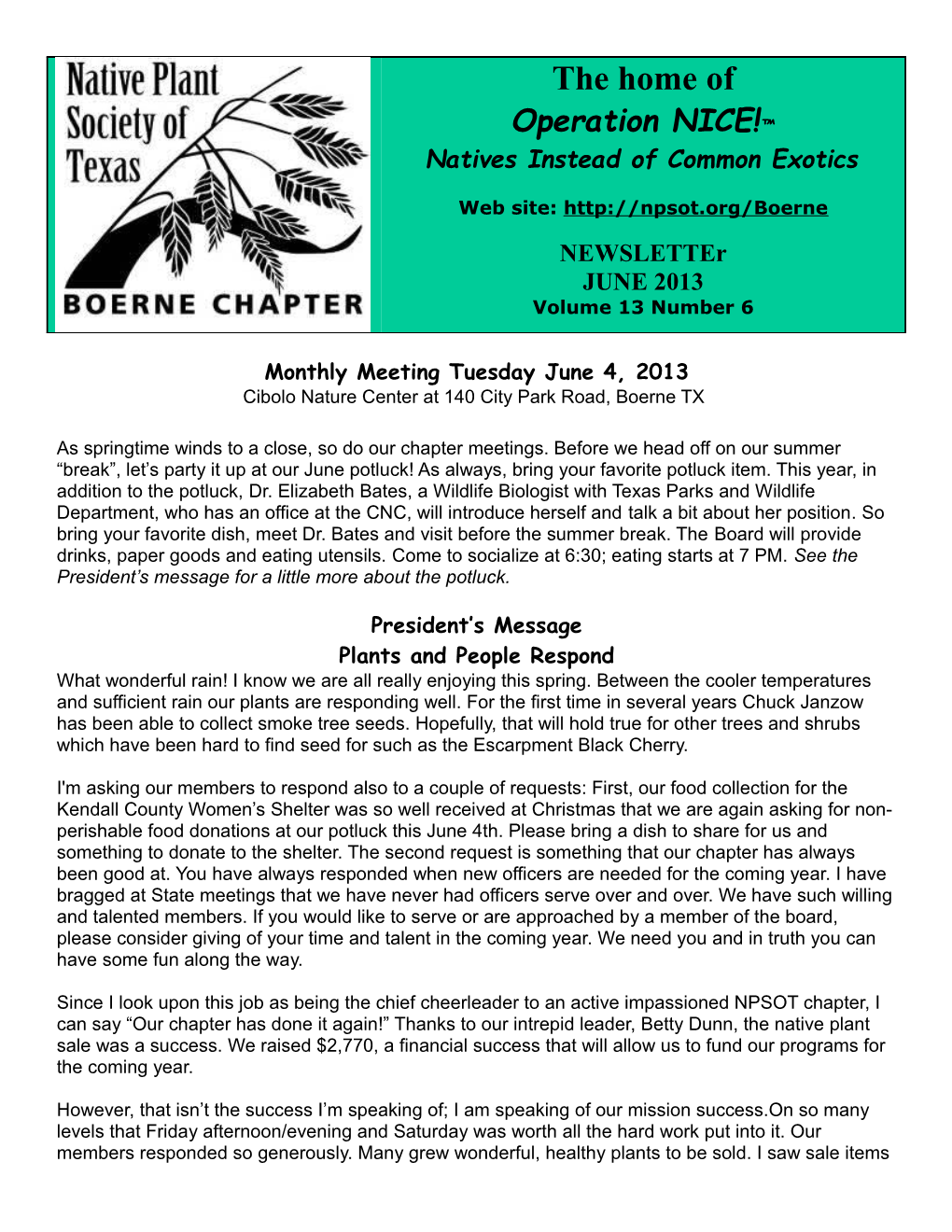 Monthly Meeting Tuesday June 4, 2013