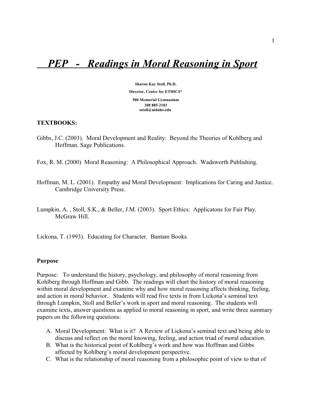 PEP - Readings in Moral Reasoning in Sport