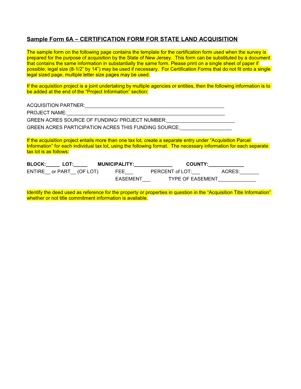 Sample Form 6A CERTIFICATION FORM for STATE LAND ACQUISITION