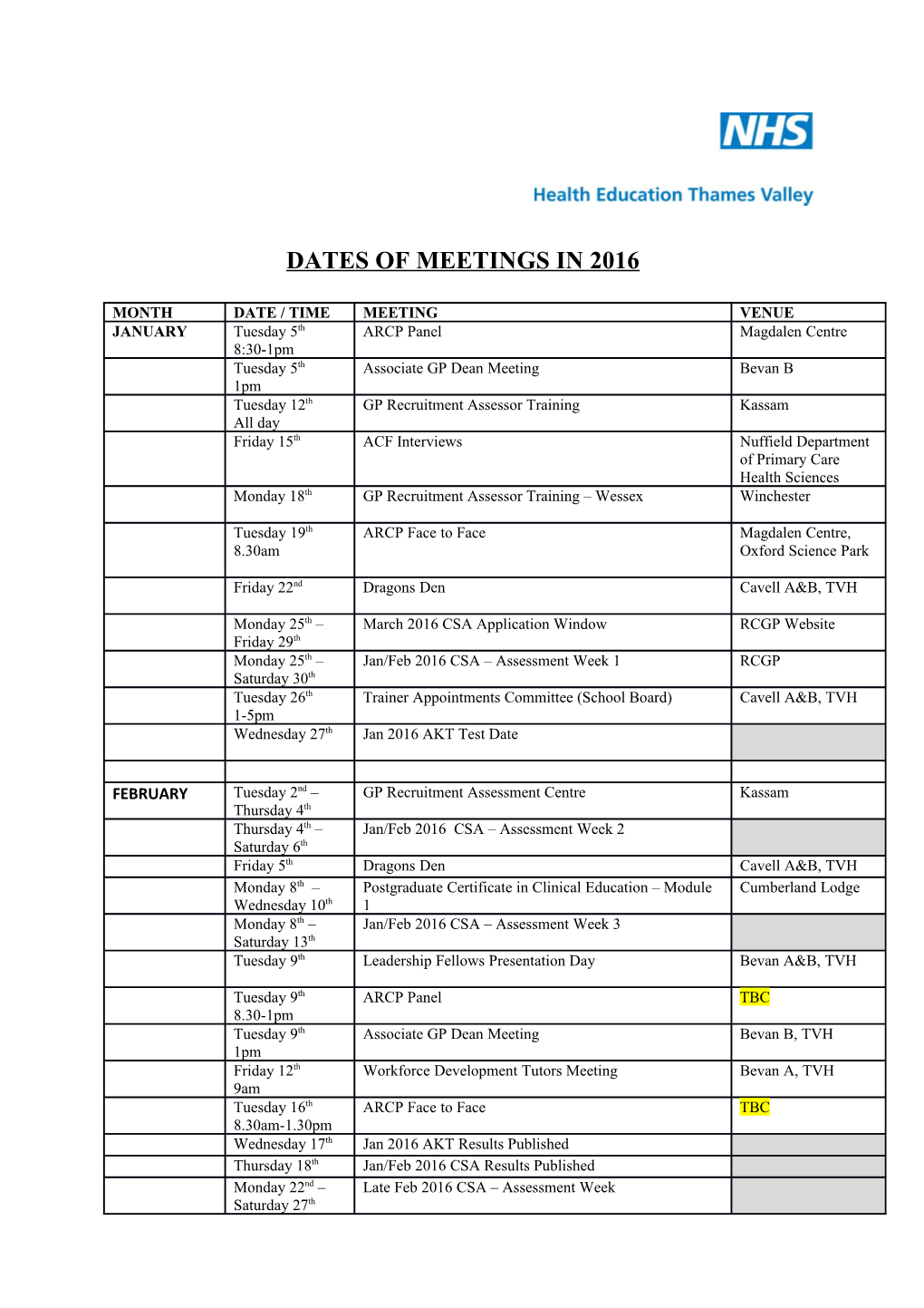 Dates of Meetings in 2016