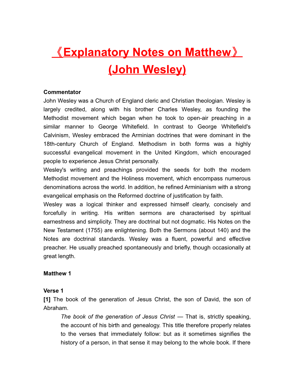 Explanatory Notes on Matthew (John Wesley)