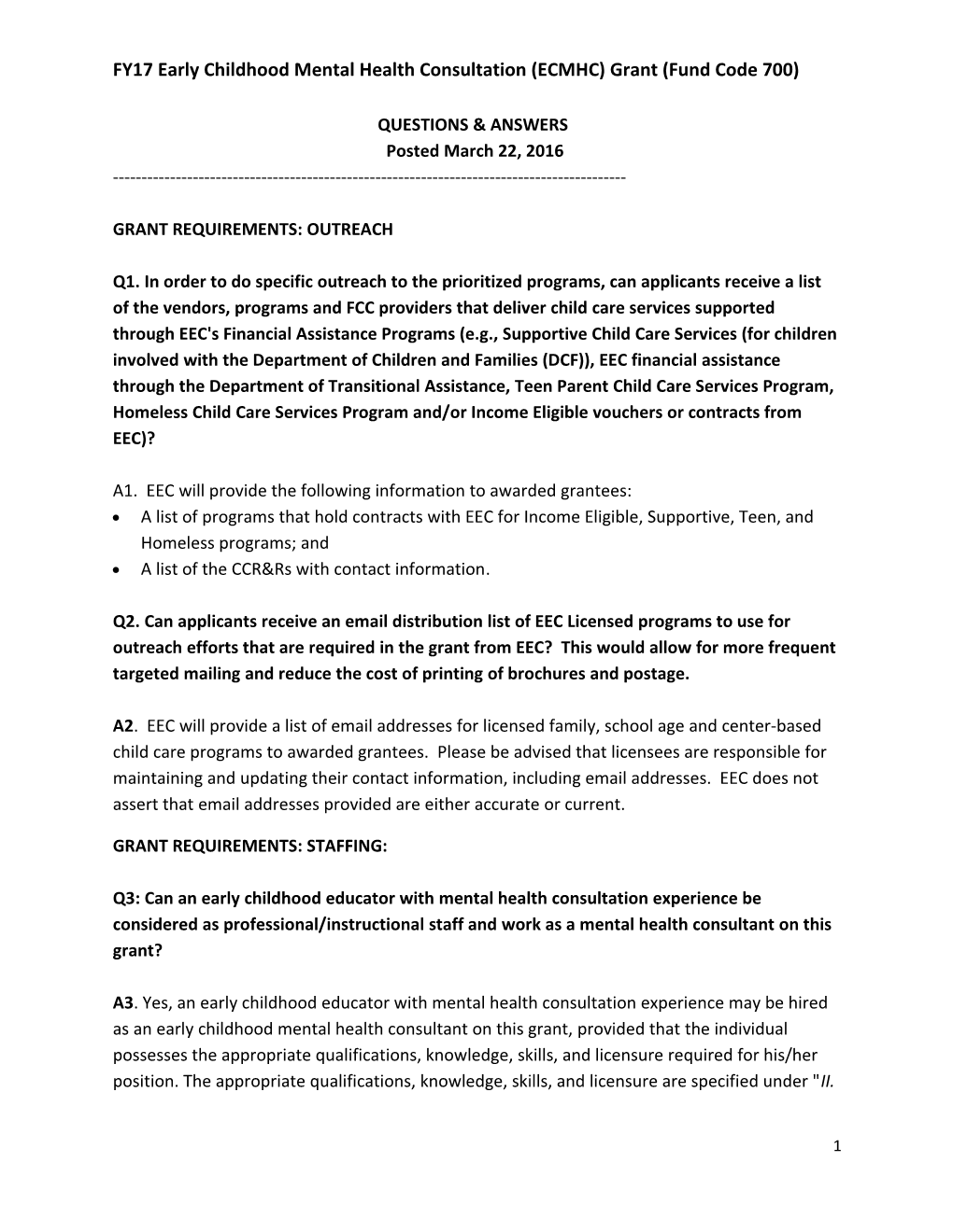 FY17 Early Childhood Mental Health Consultation (ECMHC) Grant (Fund Code 700)