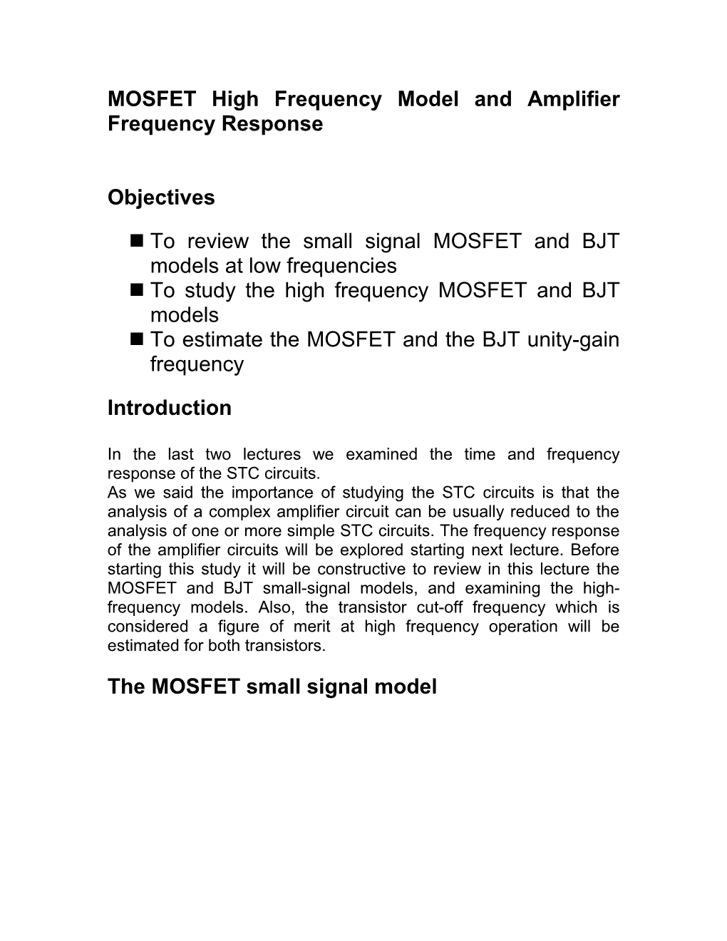 MOSFET High Frequency Model and Amplifier Frequency Response