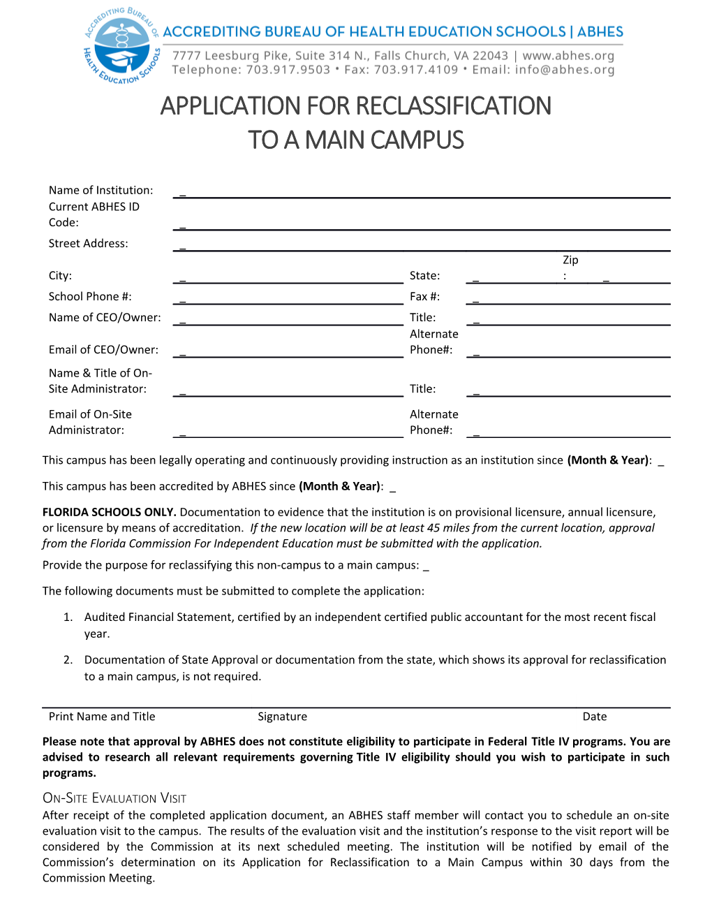 Application for Reclassification to a Main Campus