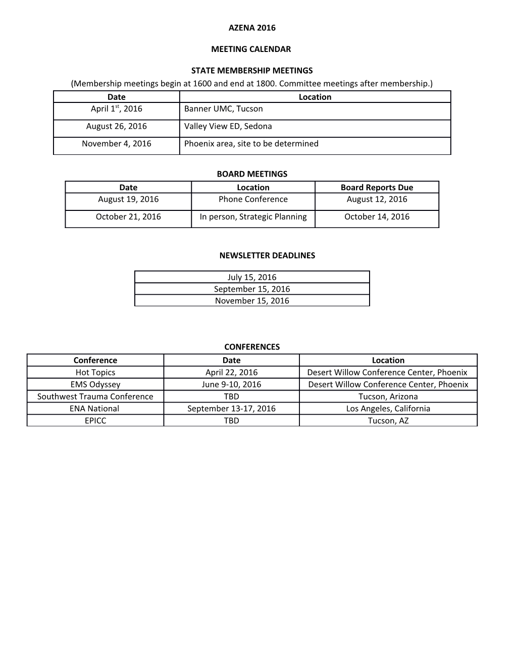 Meeting Calendar