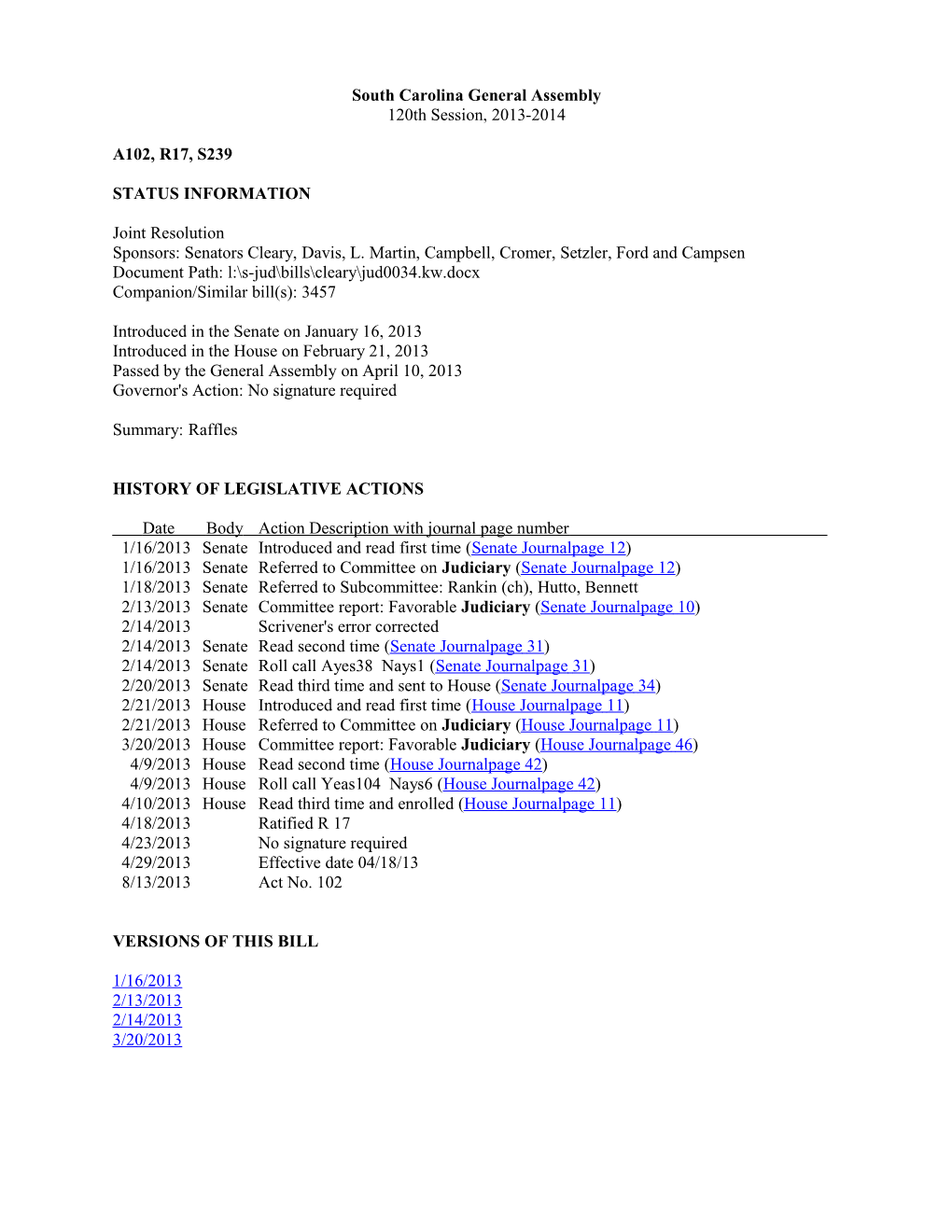 2013-2014 Bill 239: Raffles - South Carolina Legislature Online