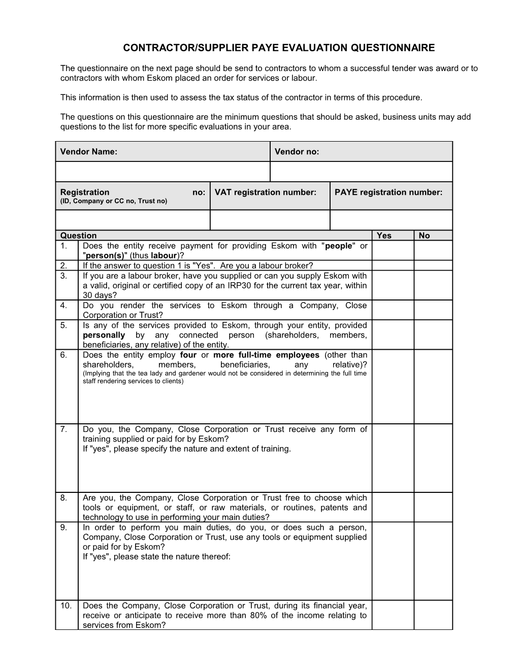 Contractor/Supplier Paye Evaluation Questionnaire