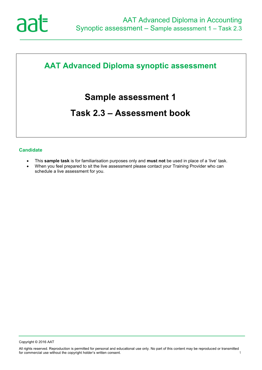 AAT Advanced Diploma Synoptic Assessment