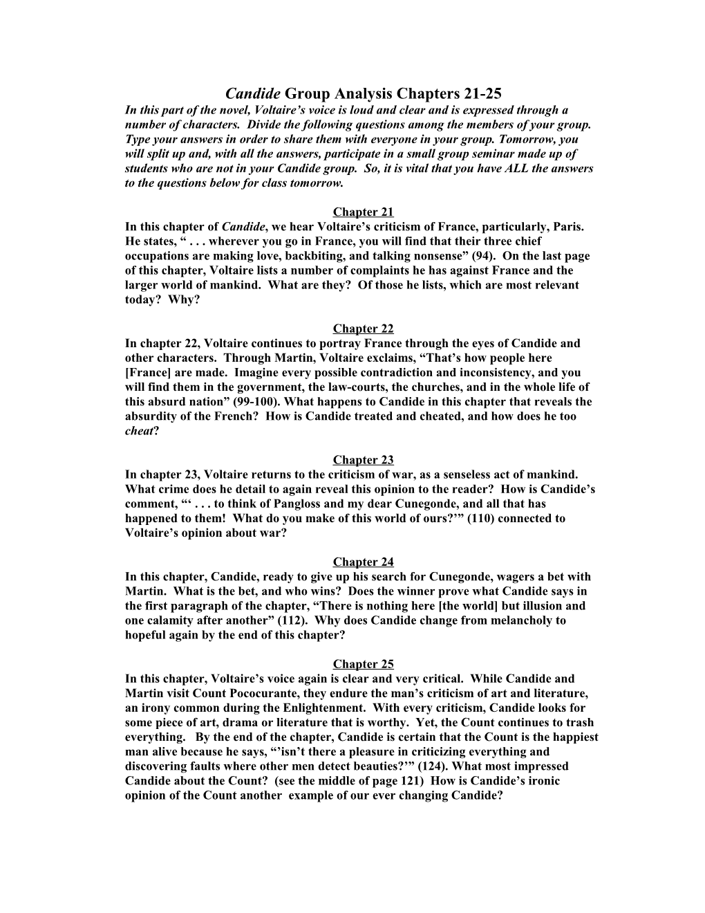 Candide Group Analysis Chapters 21-25