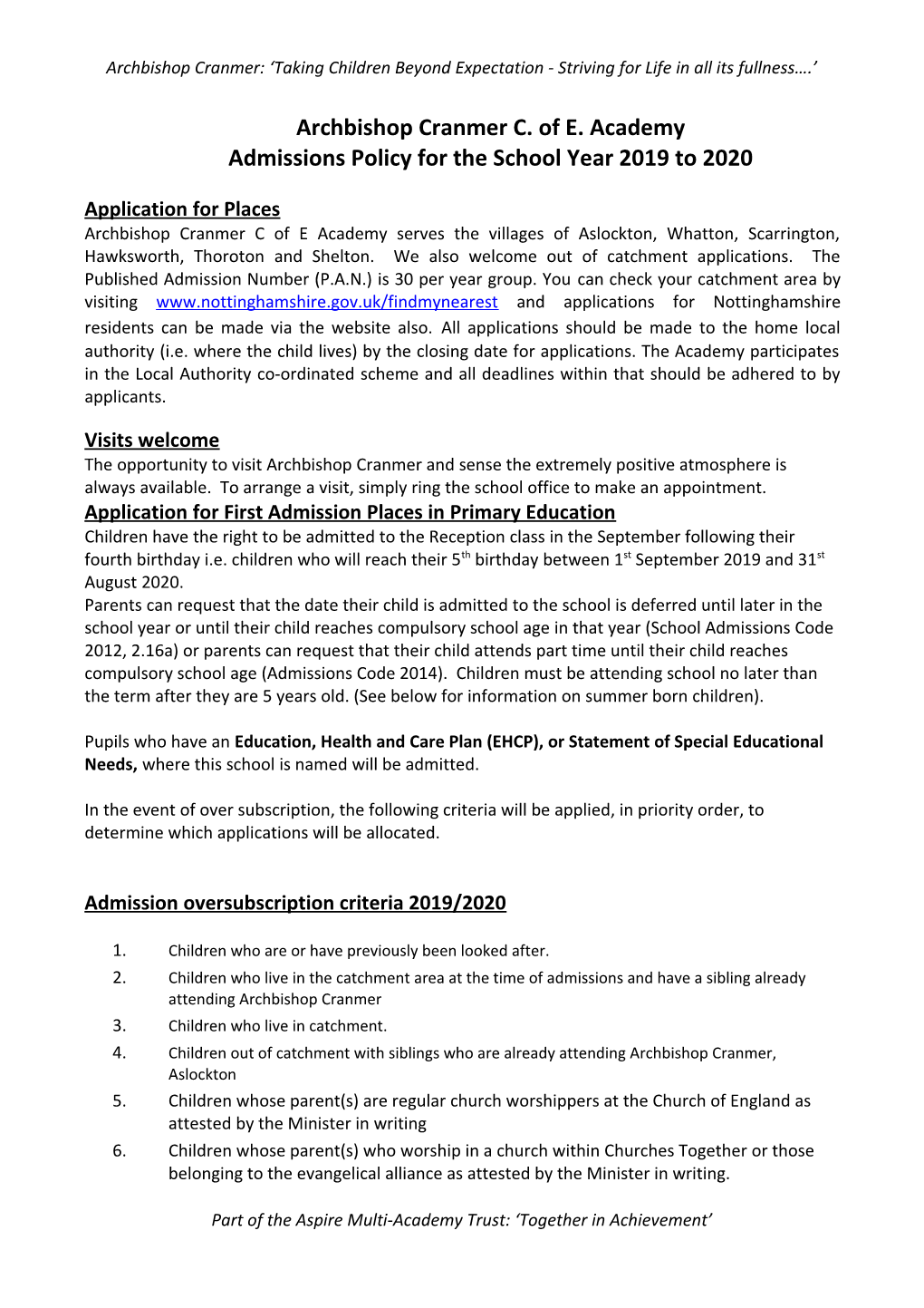 Admissions Policy for the School Year 2019 to 2020