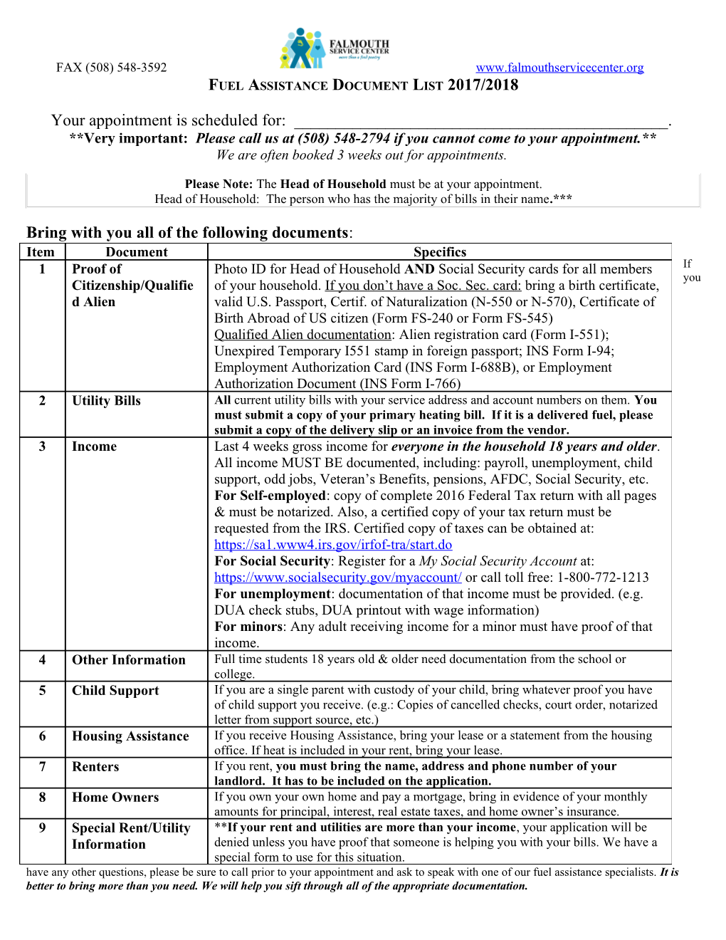 Fuel Assistance Document List 2017/2018