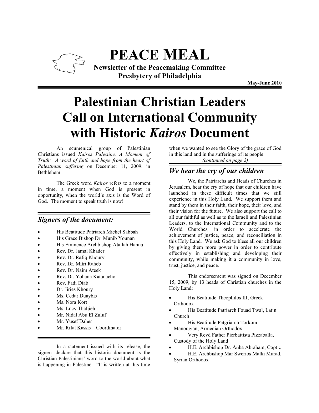 Newsletter of the Peacemaking Committee