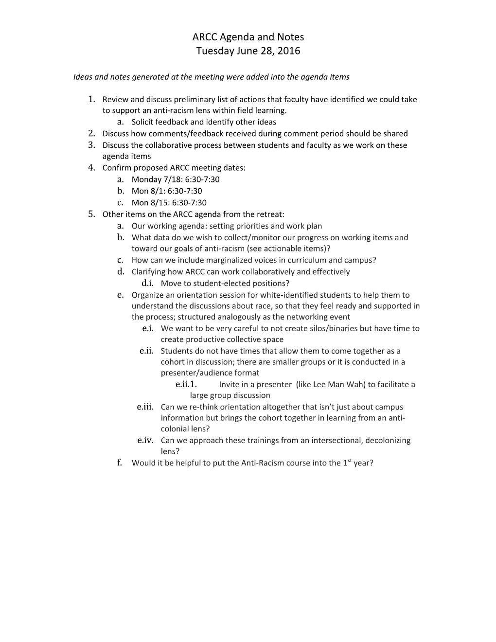 ARCC Agenda and Notes