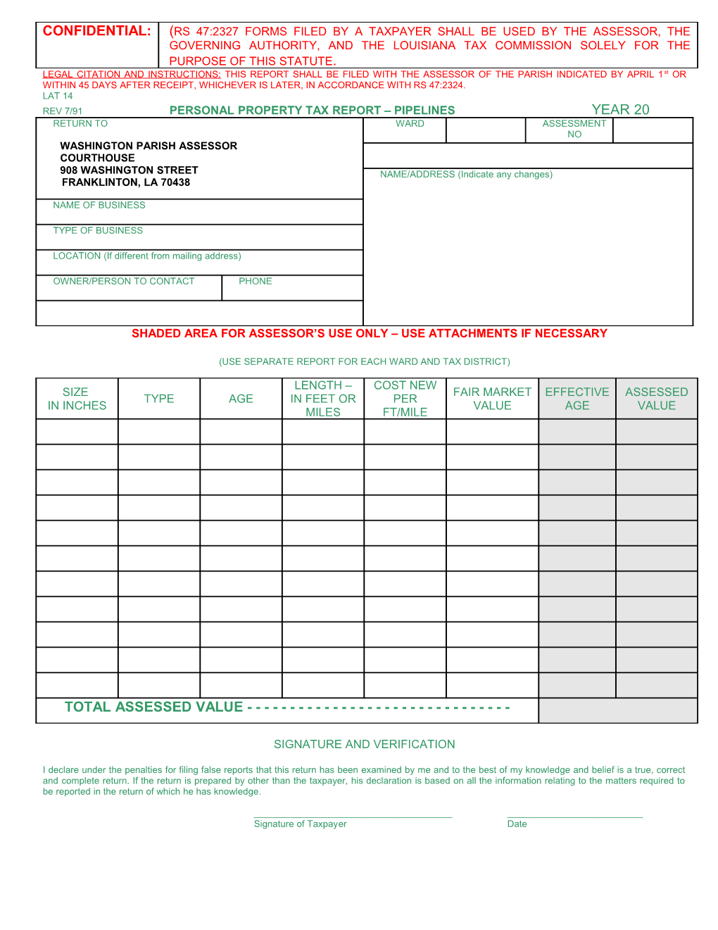 Rev 7/91 Personal Property Tax Report Pipelines Year 20